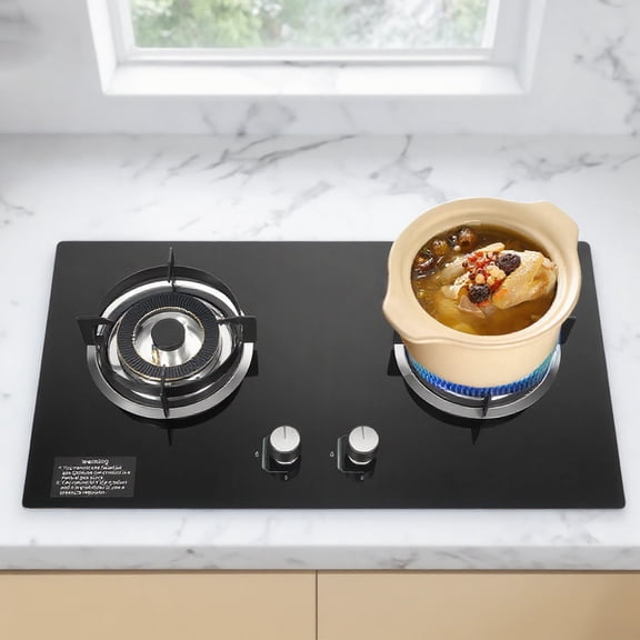 Kitchen Gas Cooktop Stove Top 2 Burners Tempered Glass Built-In NG Gas Stove