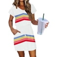 thumbnail image 2 of Levmjia Women's Casual Stripe Print Dress Short Sleeve V Neck Loose Fit Summer Dress with Drawstring Waist Front Pockets A Line Tunic Dress for Women, 2 of 6