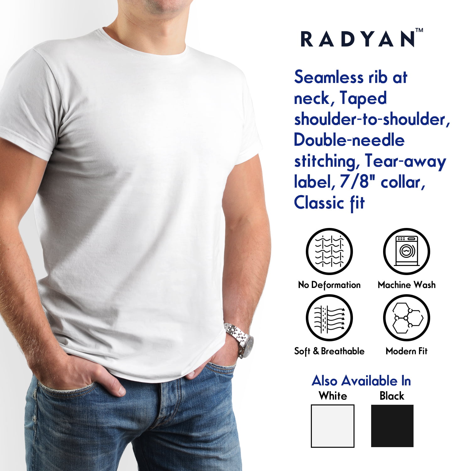 RADYAN Men's Plain Single Pack Ultra Cotton Soft Cool Short Sleeve Round  Neck Adult White Solid T Shirt 