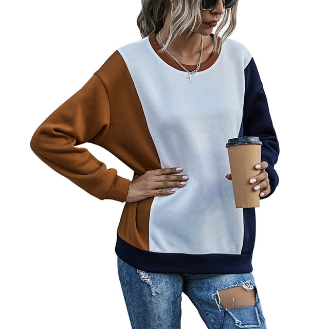 Sudadera de Mujer 3 Colores Empalme Estilo Suelto Transpirable Manga Larga Otoño Invierno Sudadera con Capucha para Diario Café Azul Marino XL