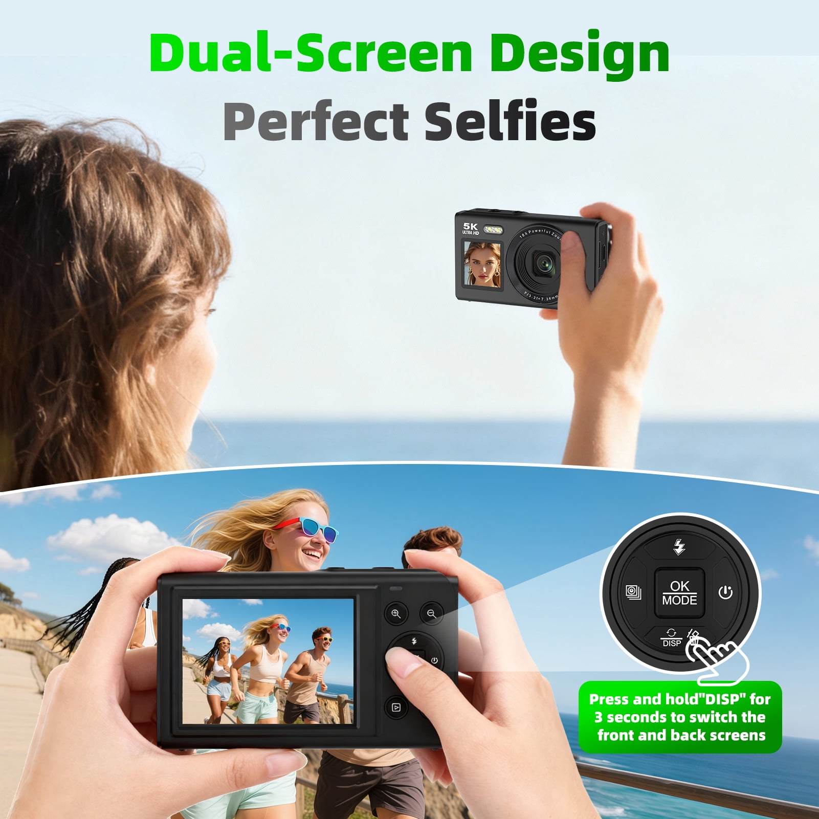 Digital Camera 5K 80MP 18X Zoom with Dual Screen Vlogging Camera, Autofocus WiFi Compact Camcorder Face Detection Beauty Mode for YouTube TikTok Content Creator 64GB Card & 2 Batteries Black