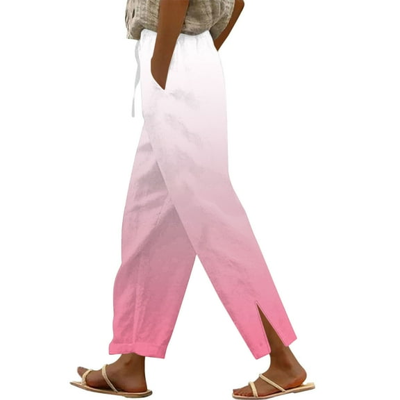 Hrsba Straight Leg Workout Pants,Lightweight Pants Women Solid Color Linen Loose Drawstring Straight Leg with Pockets Side Split Full Length Pants