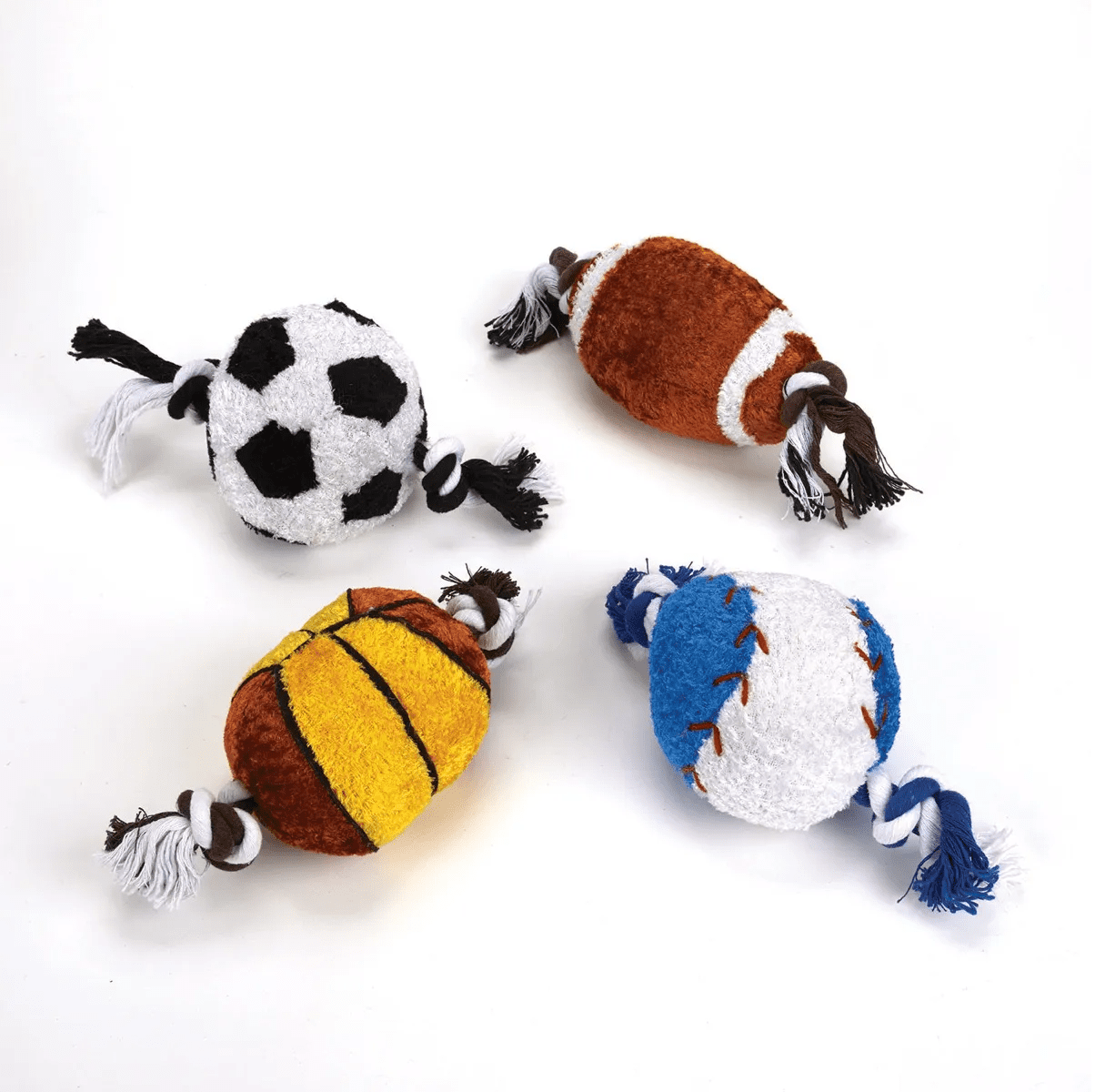 Plush and Rope 8" Dog Toy Sports Ball Squeaker Choose Your Favorite or Set of 4 (Full Set - All 4 Toys)