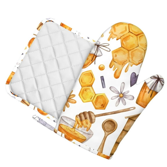 Honeii Honey Bee Set patten Oven Mitts and Pot Holders Sets, Baker Oven Mitts, Mittens for Kitchen Decor, Baking Lover over Gloves Gifts