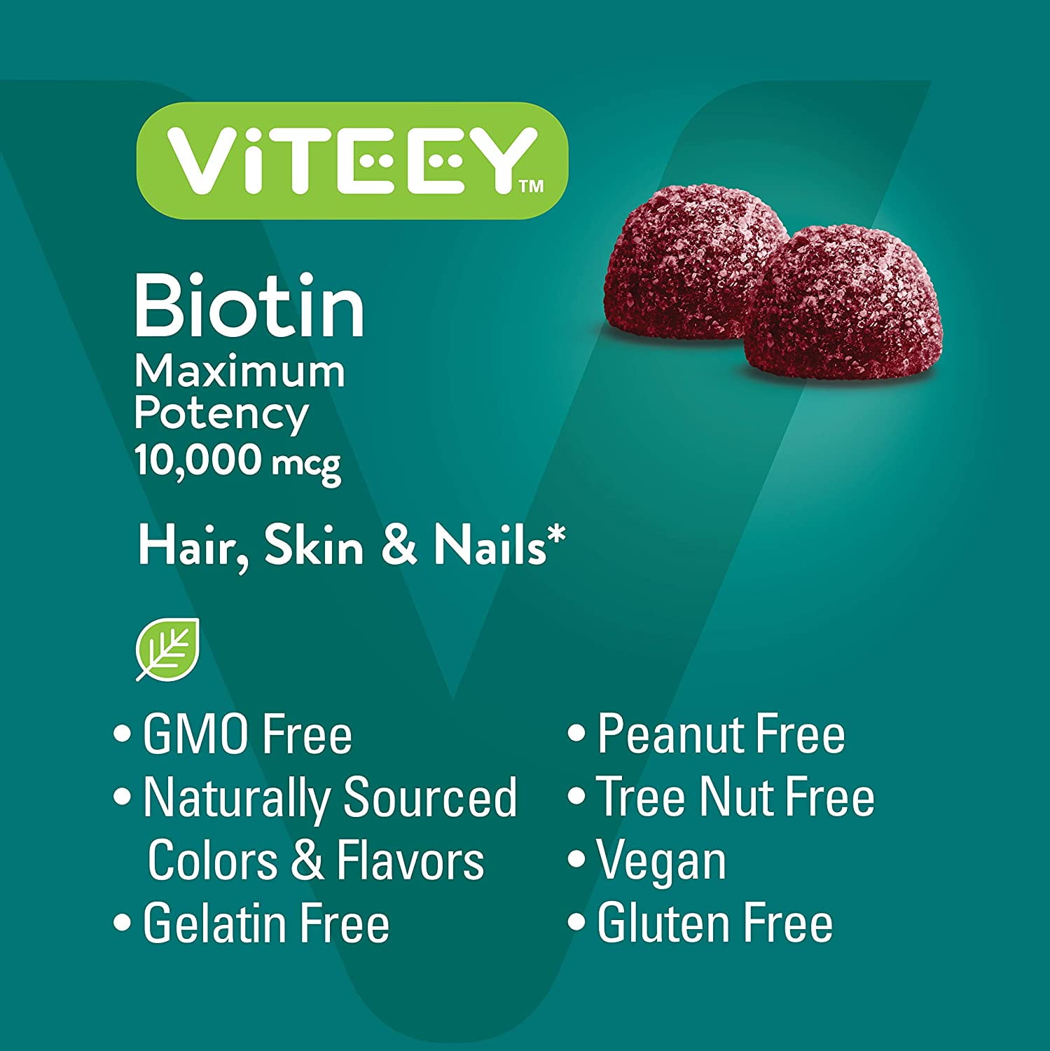 VITEEY Biotin Gummies 10,000 mcg, Hair Skin and Nails, Raspberry Flavor, 60 Count, 2 Pack