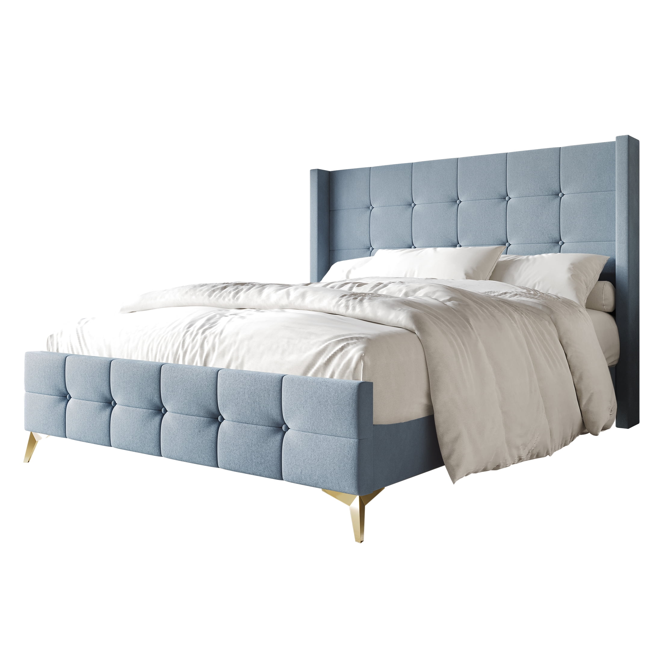 Castle Place Luxury Glam Queen Size Velvet Upholstered Bed, Light Blue