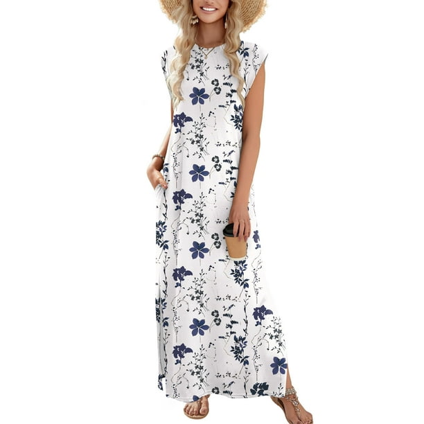 Vestido largo Zeagoo con estampado floral y cuello redondo azul dividido para mujer