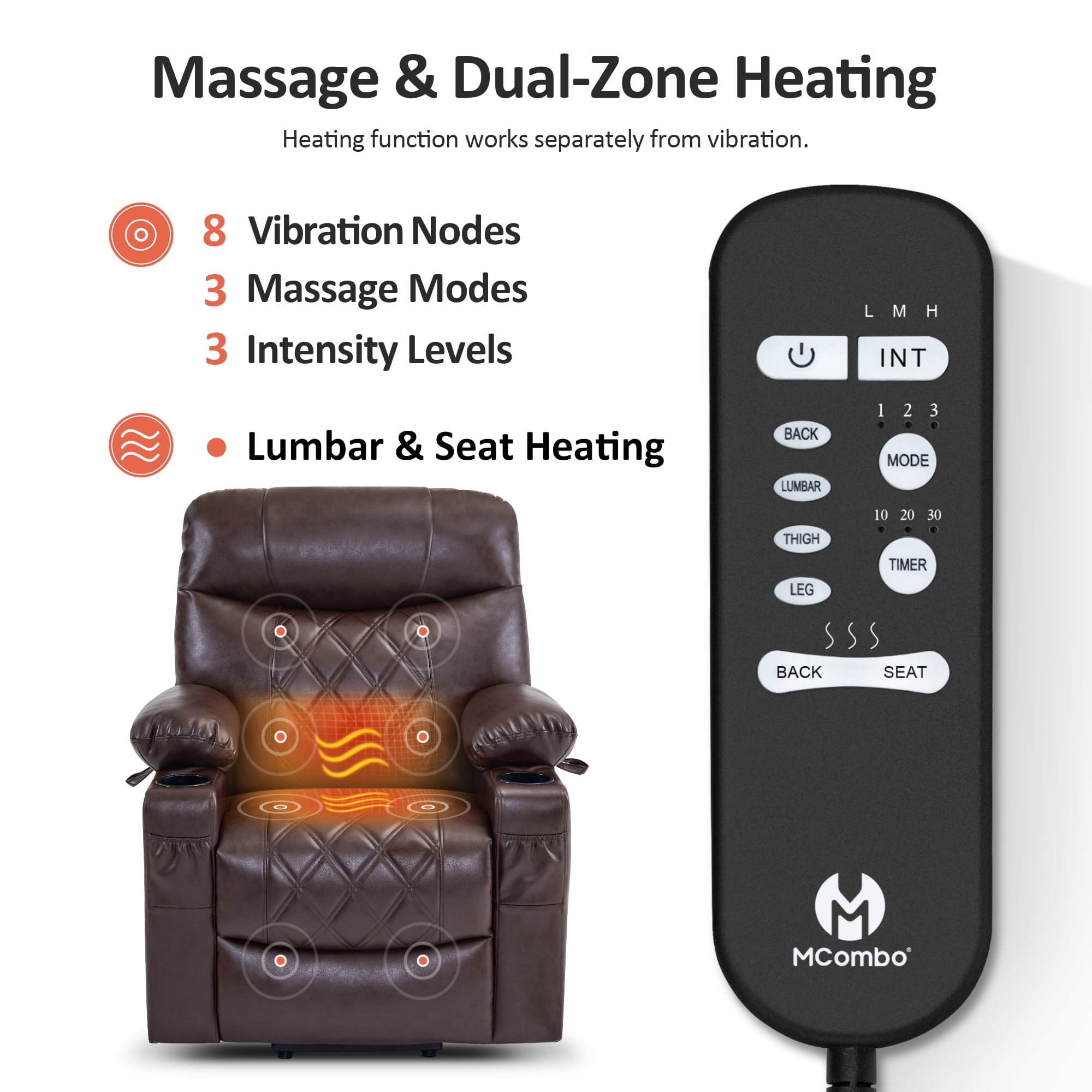 MCombo Small Size Electric Power Lift Recliner Chair Sofa with Massage and Dual Heating, Adjustable Headrest for Elderly People Petite, USB Ports, Extended Footrest, Faux Leather 7111 (Dark Brown)
