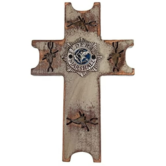 Urbalabs Western 9.5 Inch Wall Cross Wood With Federal Marshal Badge Distressed Wall Hanging Cross Country Wall Decor Room Decoration Office Church Home (Federal Marshal (wood))