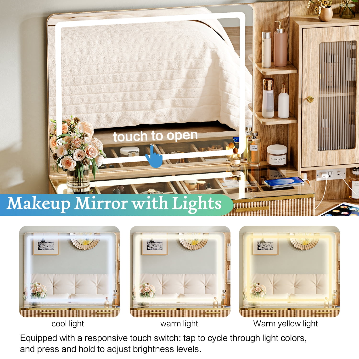 Arulvmrn Vanity Desk 47.24", HD Lighted Mirror w/ 3-Color Touch, 5 Drawers, Charging, Oak