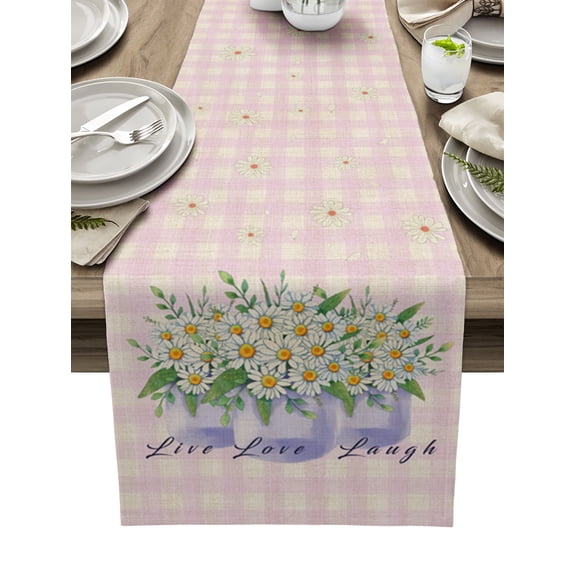Daisy Flowers, Table Runner 36 Inches, Vintage Florals Pink Buffalo Plaid Check Bed Runner Dresser Scarves Tabletop for Indoor Outdoor Parties/Ceremony/Banquet, 13"x 36"