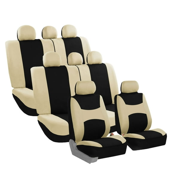 FH Group Universal Fit 3 Rows Flat Cloth Car Seat Covers for Auto Trucks SUV, Split Benches - 8 Seaters Beige/Black