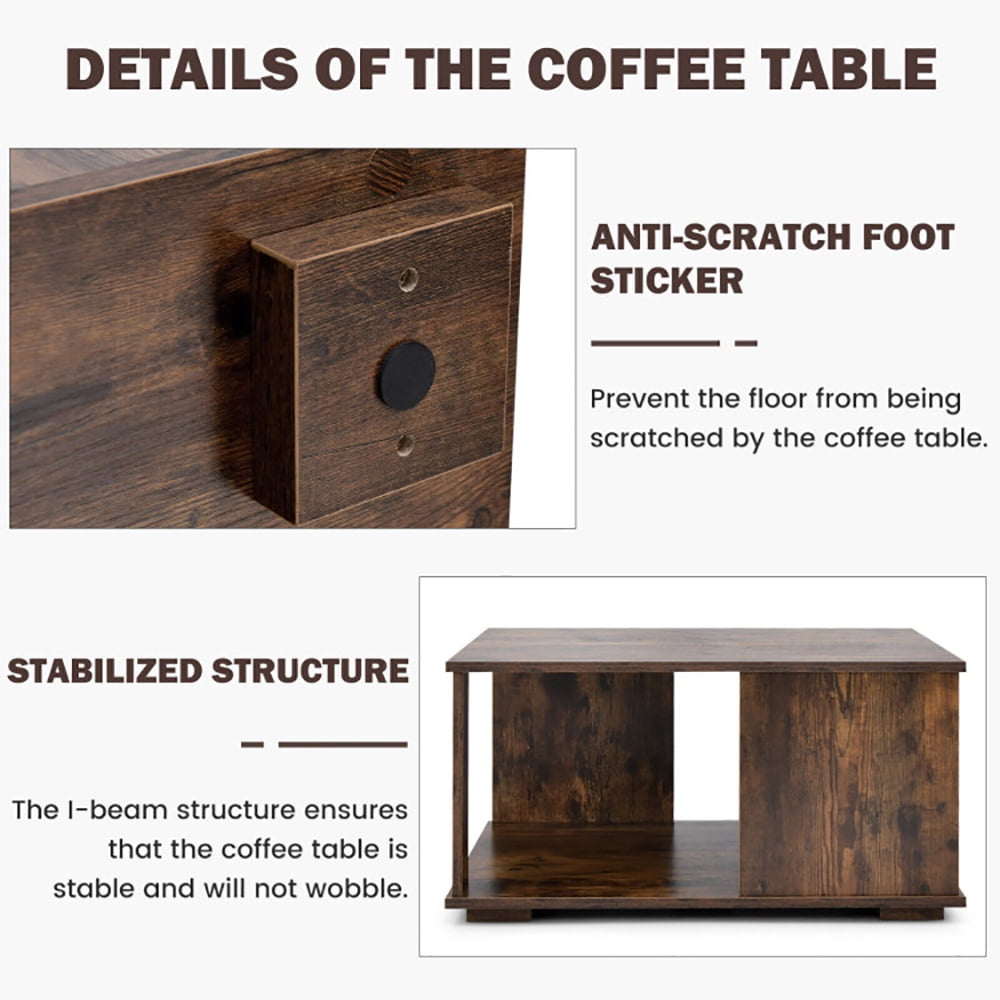 Finihen Square Coffee Table, 2 Tiers Square Coffee Table with Storage and Non-Slip Foot Pads, for Living Room, Reception Room, Rustic Brown