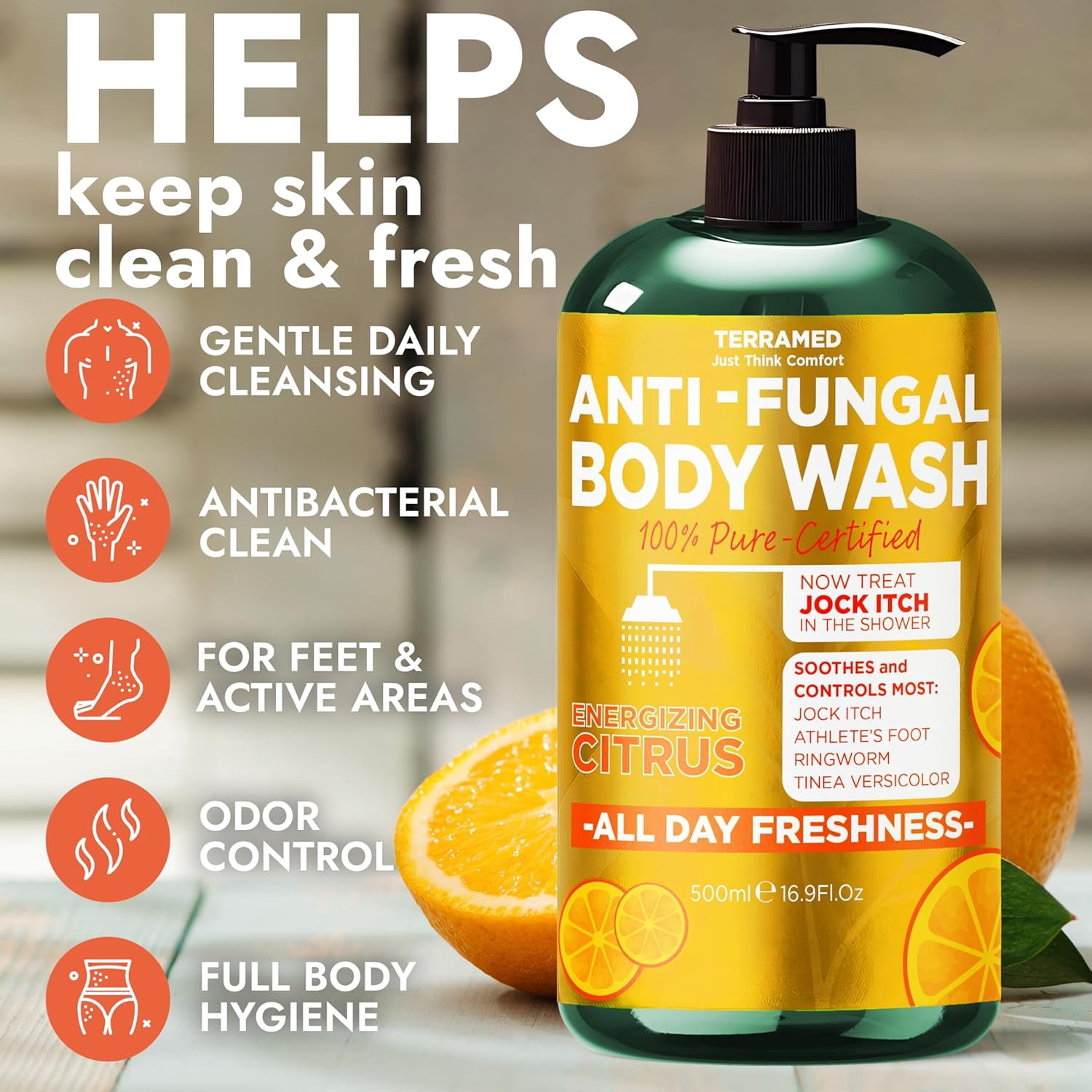 Antifungal Body Wash with Tea Tree Oil & Lemon Oil | 1% Tolnaftate Antifungal Soap Helps Fight Ringworm, Jock Itch & Athlete’s Foot | Medicated Citrus Body Wash Includes Silicone Scrubber | 16.9 oz