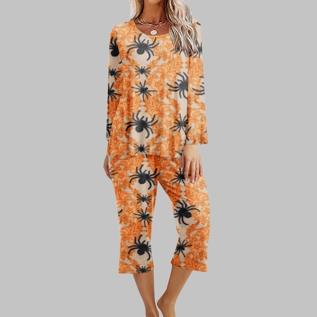 Puntoco Conjunto De Pijamas Cómodos De Dos Piezas De Manga Larga Con Cuello Redondo Y Estampado De Halloween Para Mujer Conjunto Deportivo Liquidación Puntoco Puntoco-1097