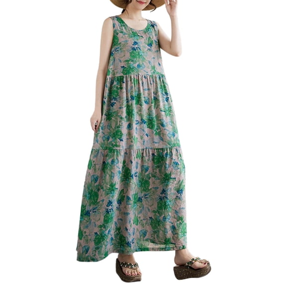 Wyobmus Women's Summer Dresses Oversized Casual Loose Ditsy Floral Maxi Sundress Ruched Tank Dress Sleeveless Summer Beach Tiered Long Dresses Green