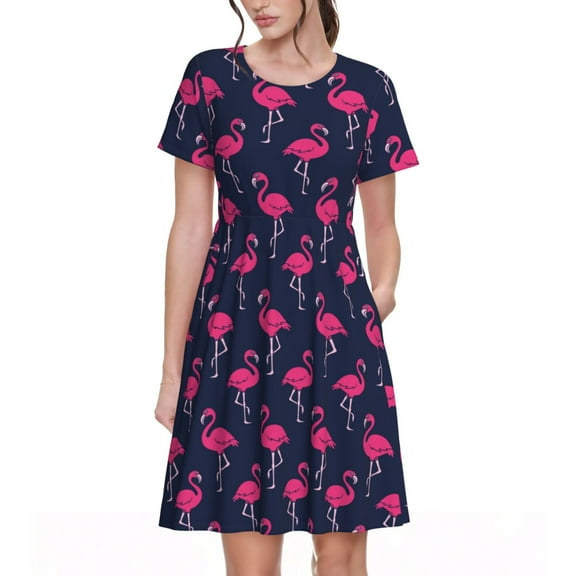 Defioc Cute Flamingo Pattern Womens Summer Dresses Short Sleeve Sundress 2025 Beach Vacation Dresses with Pockets -Small
