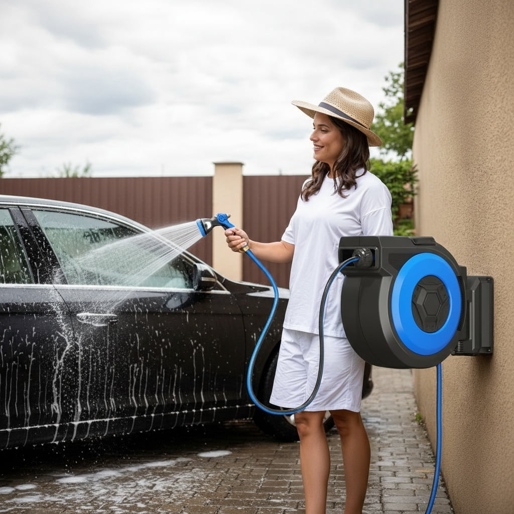 Legooin 130ft x 1/2 in Retractable Garden Hose Reel Wall Mount Hose Reel with 10-Function Nozzle, Auto Rewind, Length Lock, 180° Swivel, for Lawn Care Yard Cleaning