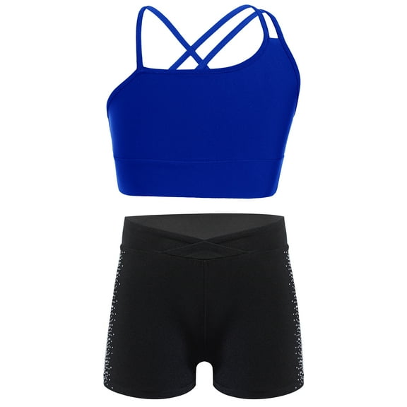 Miaeowve Kids Girls 2 Pieces Dance Outfit Spaghetti Straps Crop Top with Shorts Set Sports Workout Royal Blue&Black 8