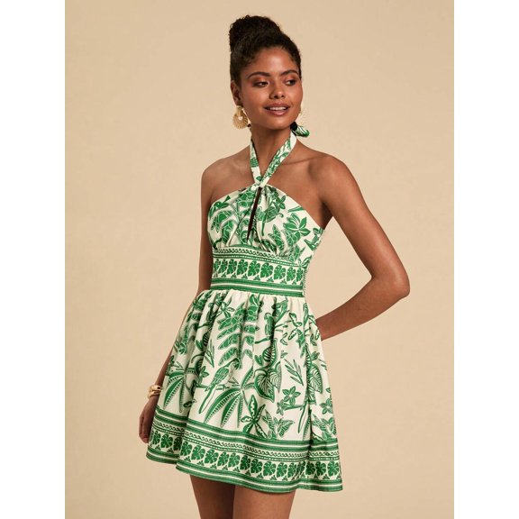 Green Tropical Plant Print Halter Neck Short Dress For Women, Casual Summer Boho Vacation Outfit