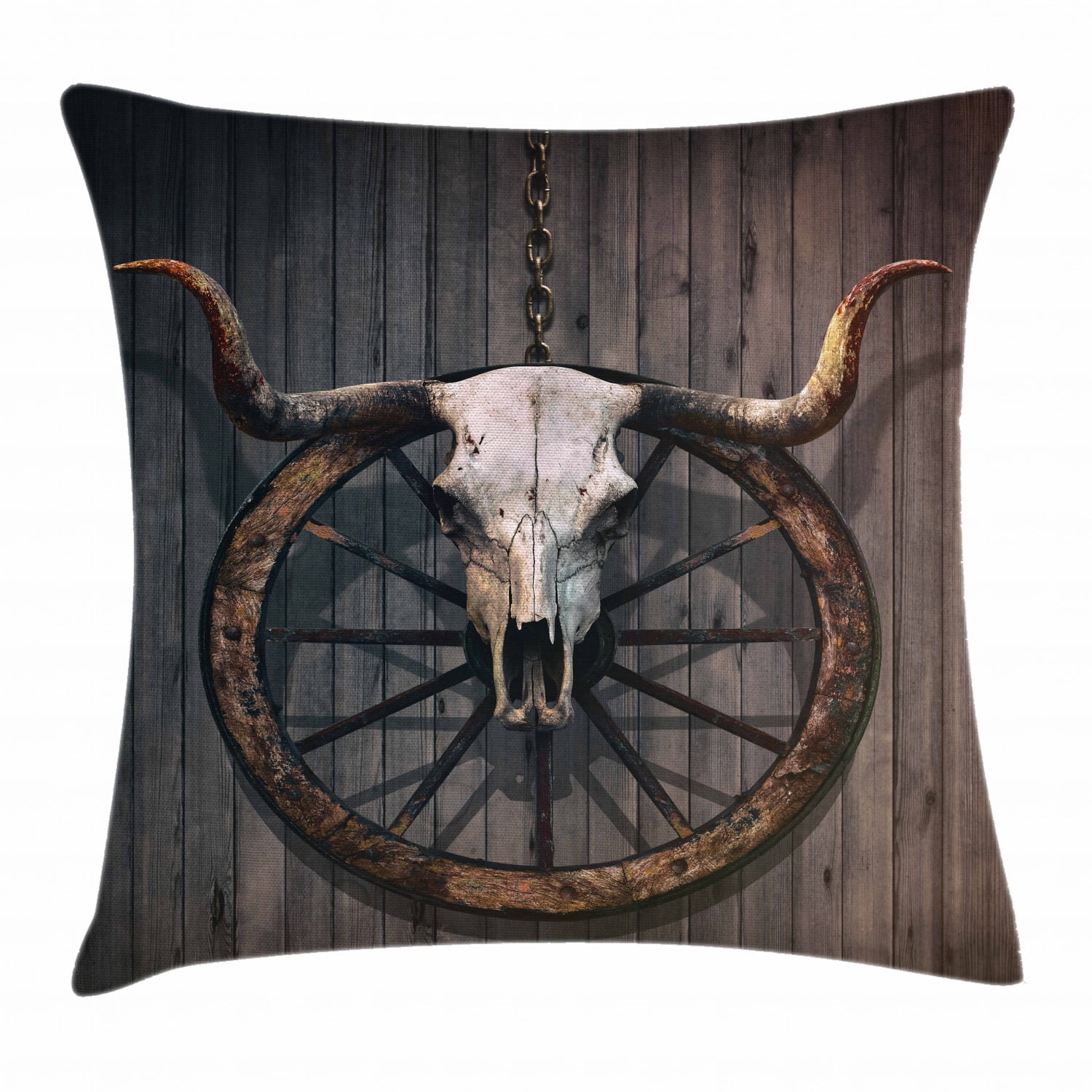 Barn Wood Wagon Wheel Throw Pillow Cushion Cover, Long Horned Bull