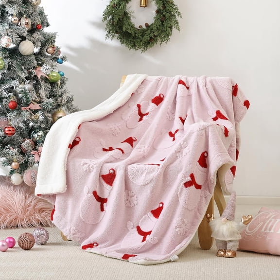 Christmas Blanket, Light Pink Blanket for Couch, Fleece Blanket with Snowman Pattern, Tufted Soft Microfiber Bed Blanket, 50" x 60"