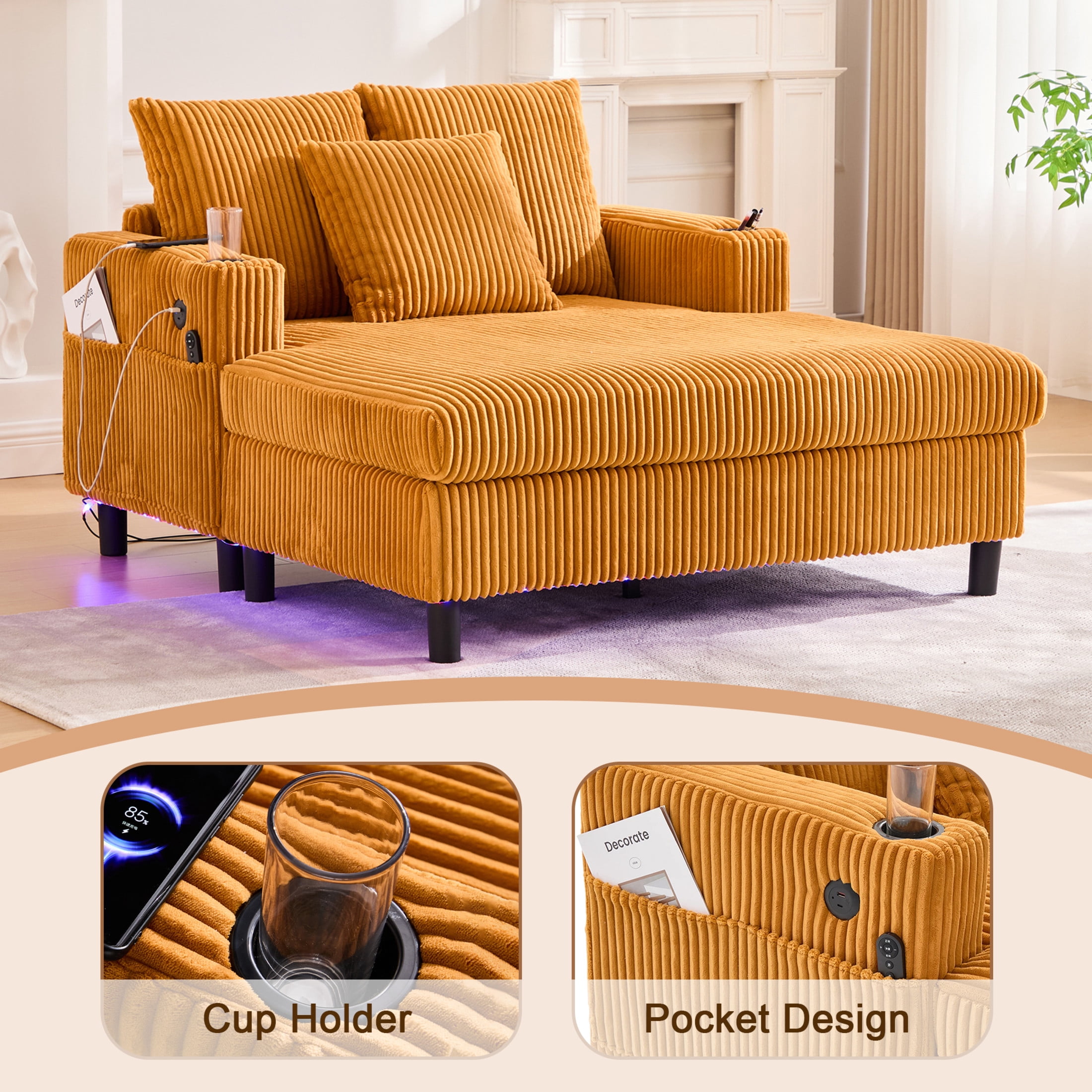 Noble House Oversized Corduroy Recliner Sofa, Deep Seat Chaise Lounge with Pillows for Living Room/Bedroom, Mustard Yellow