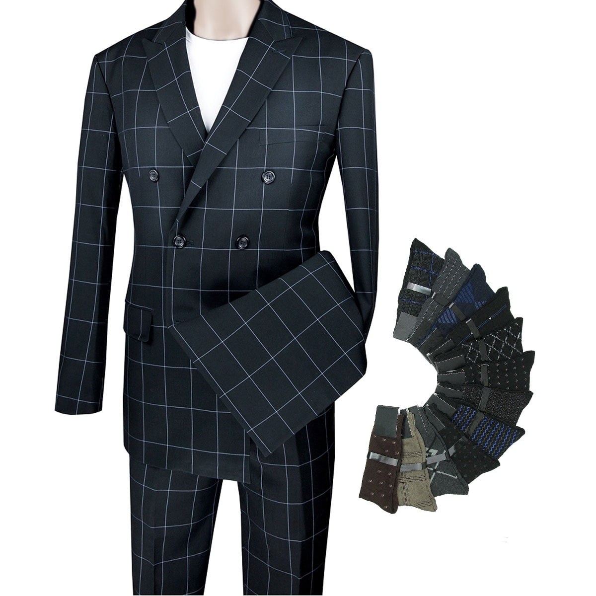 VINCI Men's Tan Windowpane Double Breasted 4 Button Slim Fit Suit NEW 