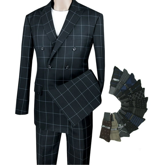 Men's 2-Piece Men's Windowpane Double Breasted Suit w/1 Pair of Socks - Black 38S