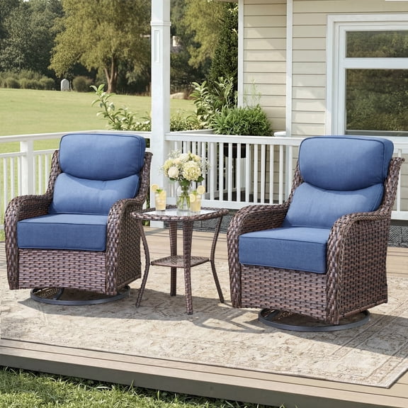 Unnifurnzi Outdoor Swivel Glider Patio Chairs-High Back Swivel Patio Chairs Set of 2 with Outdoor Side Tables All Weather Wicker Patio Furniture Set for Deck Porch Poolside Balcony-Brown/Blue