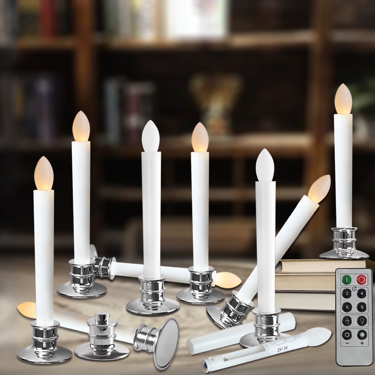 9 Inch Battery Operated White LED Taper Window Candles for Christmas Dining Wedding Decor Wondise Flickering Flameless Taper Candles with Timer 0.78 x 9.64 Inch Set of 6
