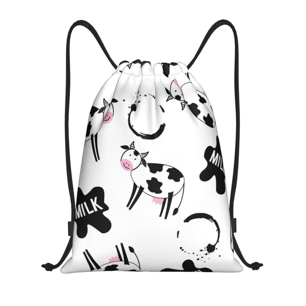 Fotbe Cute Cow and Milk Stains Bolsa Mochila con Cordón Estampada, Bolsa de Gimnasio Deportiva, Bolsa Cinch, Bolsa con Cordón para Hombres y Mujeres-Small