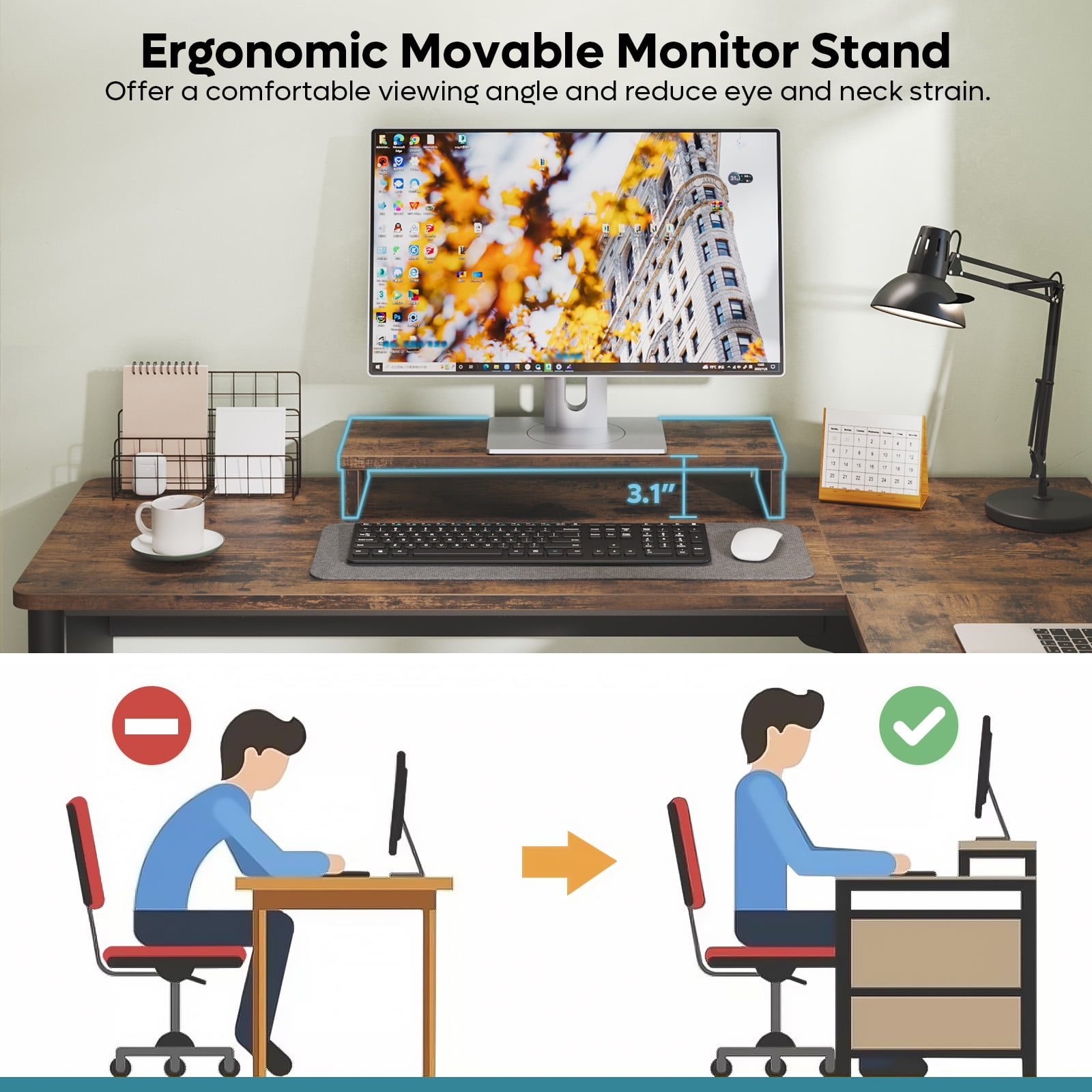 Bestier L Shaped Desk with Drawers, 55.7" x 55" Office Computer Desk with Round Corners, Monitor Stand & Fluted Panels, Black & Rustic Brown