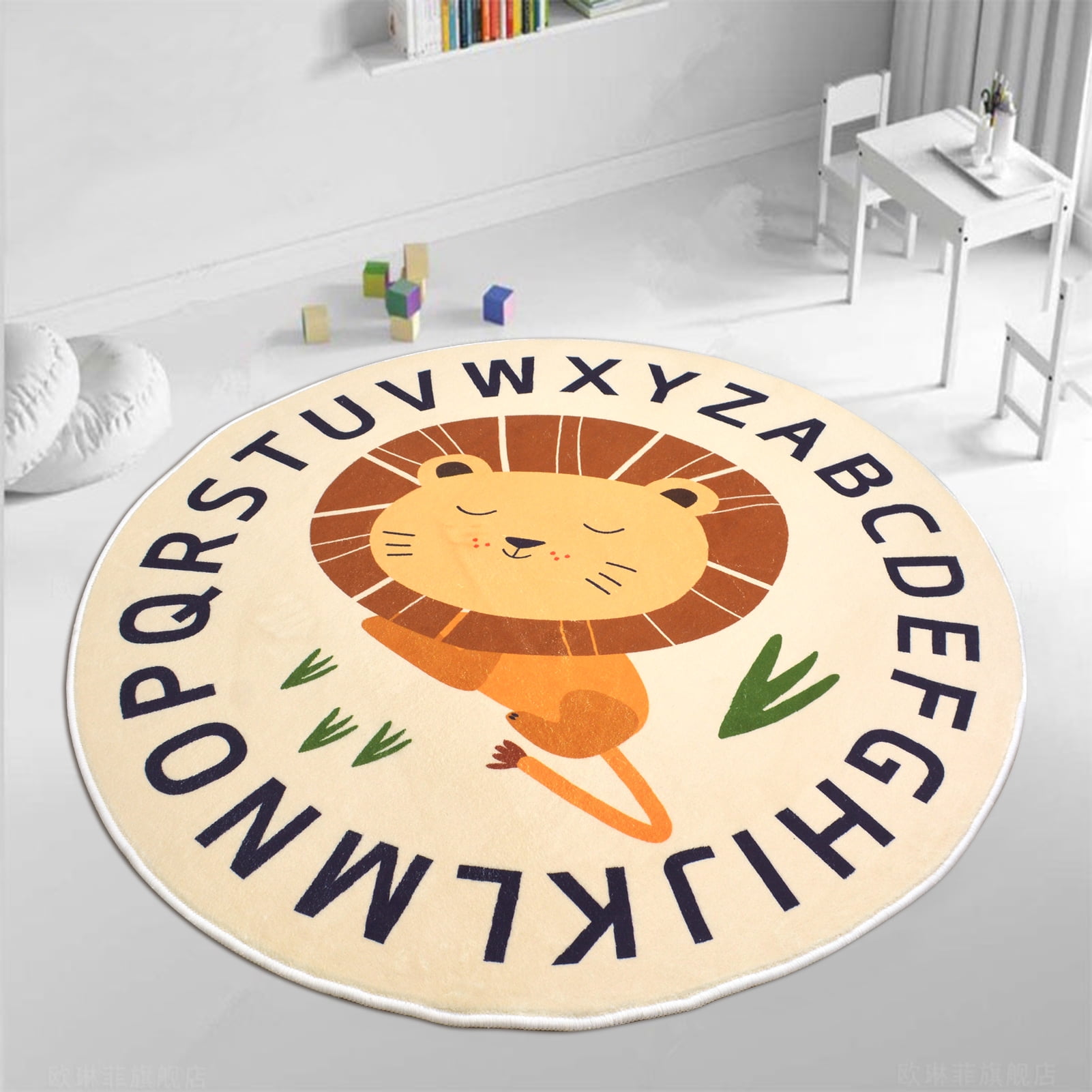 LANPEI Kids Play Mat Rug Carpet 4Ft Round Lion Area Rug Cartoon ABC Kids Rug Crawling Cushion for Boys Girls Plush Nursery Rug for Children Washable Floor Carpet for Kids Room, Sleeping