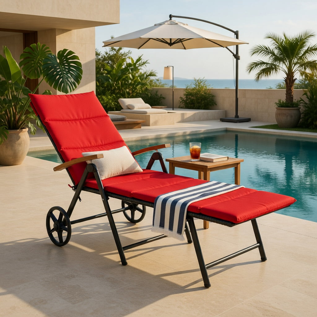 Hommoo Adjustable Folding Outdoor Rattan Lounge Chair with 2 Wheels, PE Wicker Recliner for Patio, Pool & Beach, Red
