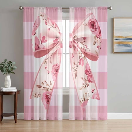 Pink Floral Print Sheer Curtains 72 Inch Length 2 Panels Set Checkered Bow Rose Flower Gingham Voile Window Treatment Rod Pocket Curtains Sheers Drapes for Bedroom/Living Room/Kitchen 52 x72 x2
