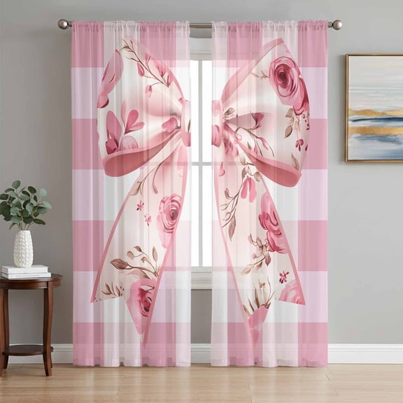 Pink Floral Print Semi Sheer Curtains 108 Inch Length 2 Panels Set, Checkered Bow Rose Flower Gingham Sheer Kitchen Curtain Privacy Voile Window Curtain for Living Room Bedroom Rod Pocket Drapes
