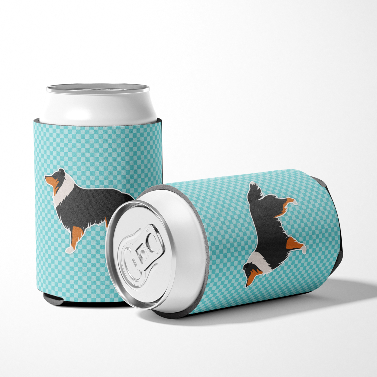 Caroline's Treasures BB3730CC Sheltie/Shetland Sheepdog Checkerboard Blue Can or Bottle Hugger, Can Hugger, multicolor