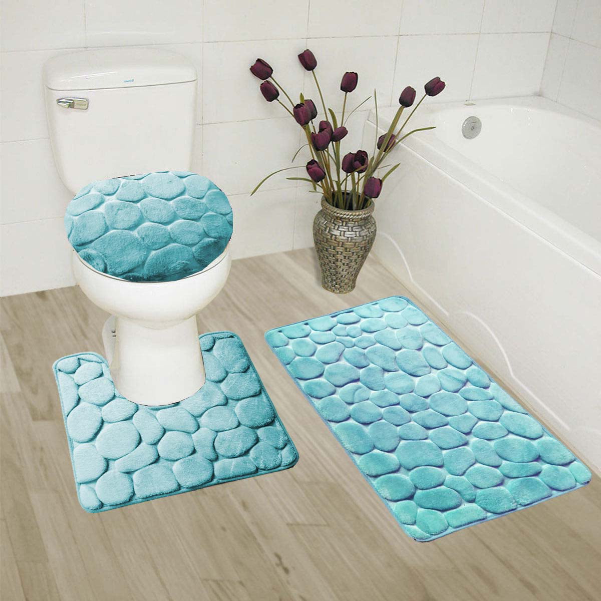 3PC Bathroom Bath Mat Contour Rug Set & Lid Cover #7 Geometric Orange 