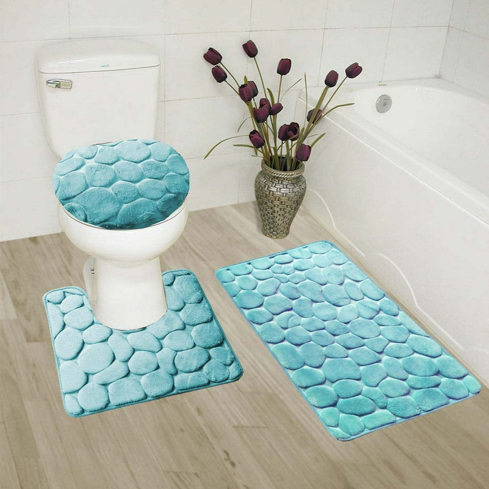 3PC (7) Aqua HIGH QUALITY Jacquard Bathroom Bath Rug Set Washable