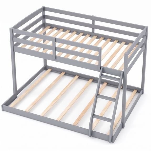 Furnibear Twin Over Full Low Floor Wood Bunk Bed with Guardrails and Integrated Ladder for Kids Teens and Guest Rooms, Gray