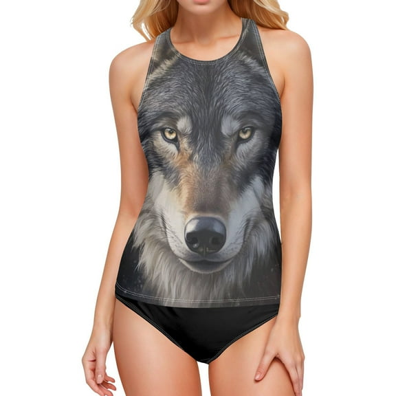 Women's Printed Tankini Top - High Elasticity Slim-Fit Swimsuit with Removable Straps & Cups, Perfect for Beach & Pool Parties，A Big Wolf