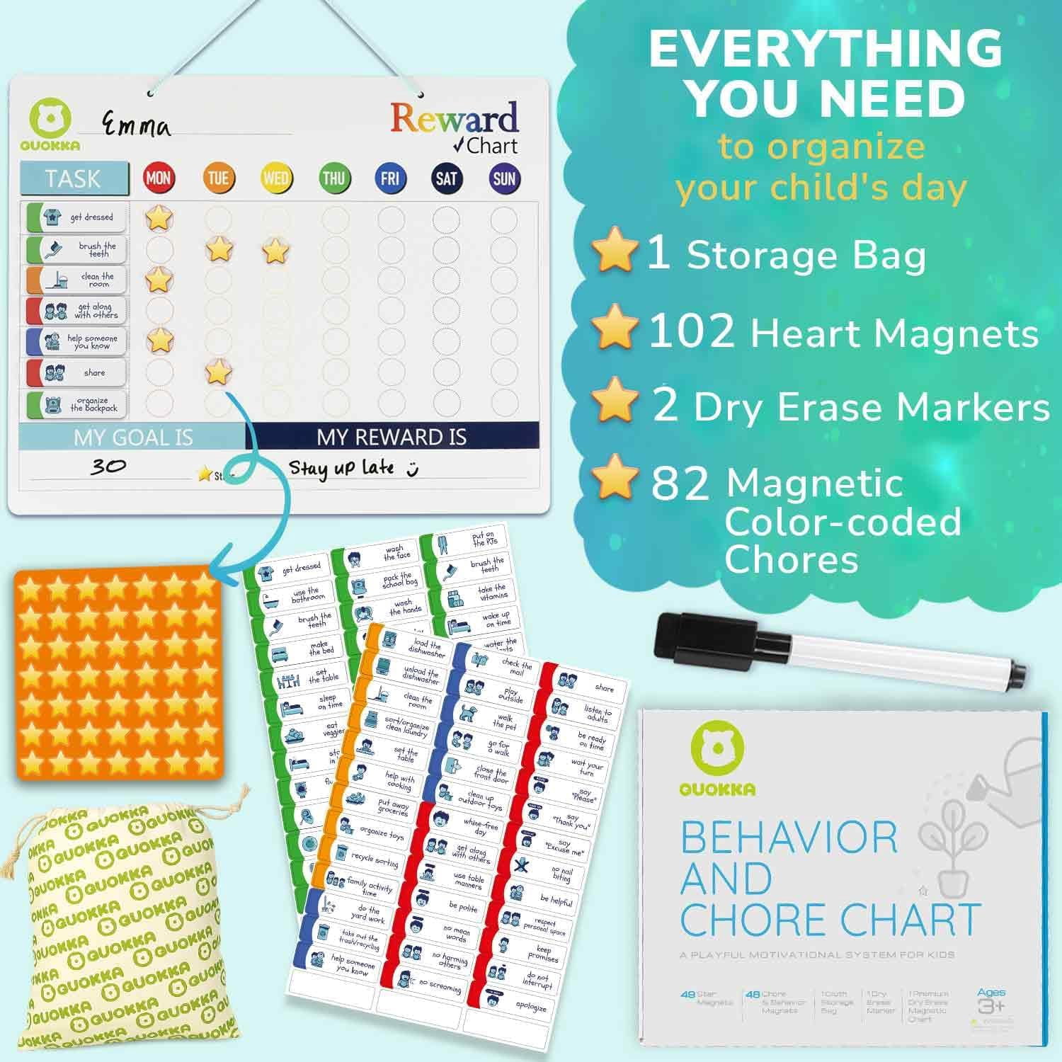 Quokka Reward Chart for Kids - Magnetic Behavior Chore Chart for Kids at Home - Dry and Erase and Responsibility - 84 Magnets & 102 Stars