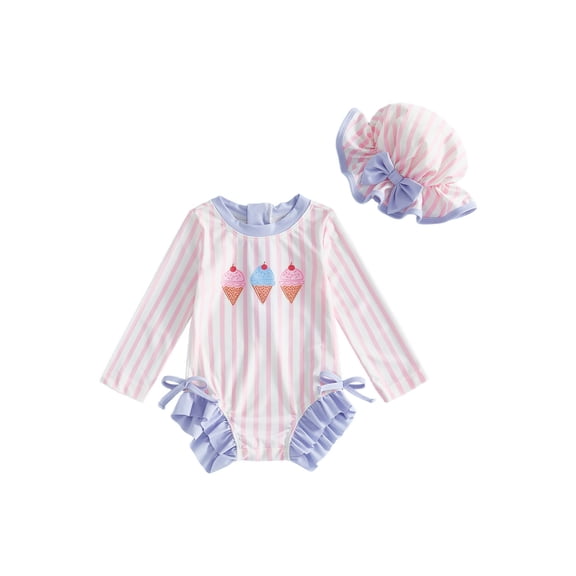 BemeyourBBs Toddler Baby Girl Swimsuit Infant Bathing Suit One-Piece Swimsuits with Sun Hat Set Long Sleeve Rash Guard Swimwear Ice Cream Zipper Summer Beach Wear