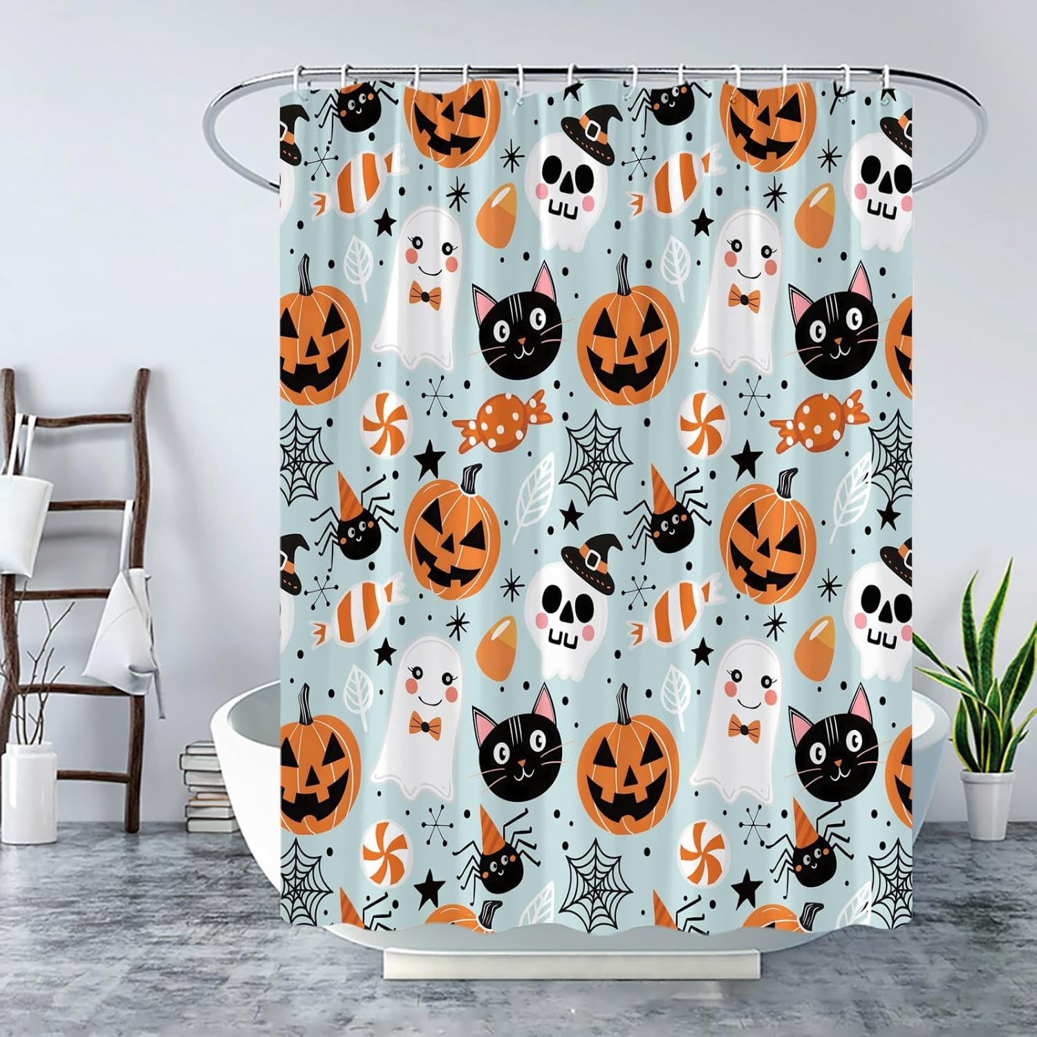 Happy Halloween Shower Curtain Cute Cartoon Pumpkin Spooky Ghost Orange Pumpkin Head Icons Funny Black Cat Spider‘s Web Skull Skeleton Witch Hat Fabric Bath Curtain Set with Hook