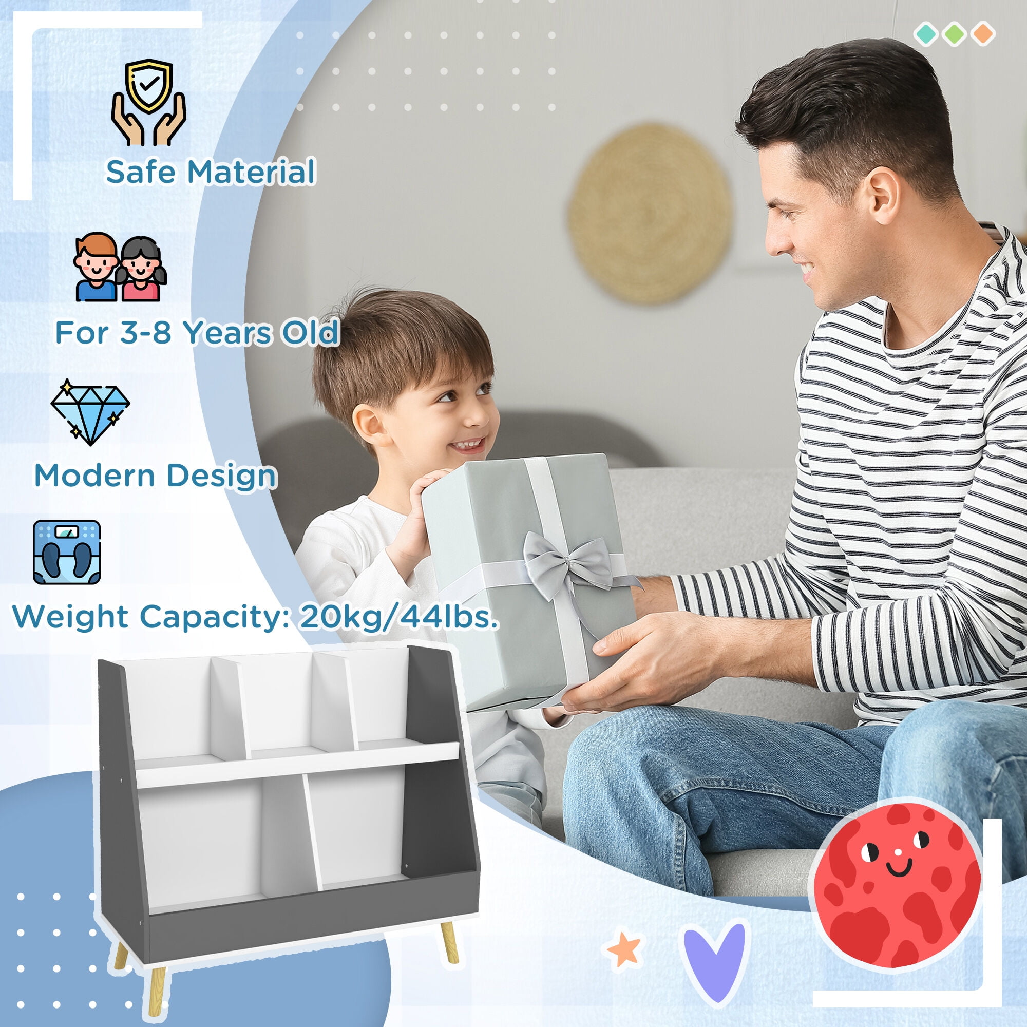 Kids Furniture Qaba Kids Bookcase Toy Shelf, 2 Tier Toddlers Toy Storage Shelf with 5 Compartments, Anti-tip Device, Pine Wood Legs for Nursery, Playroom, Classroom, Gray,Baby Furniture