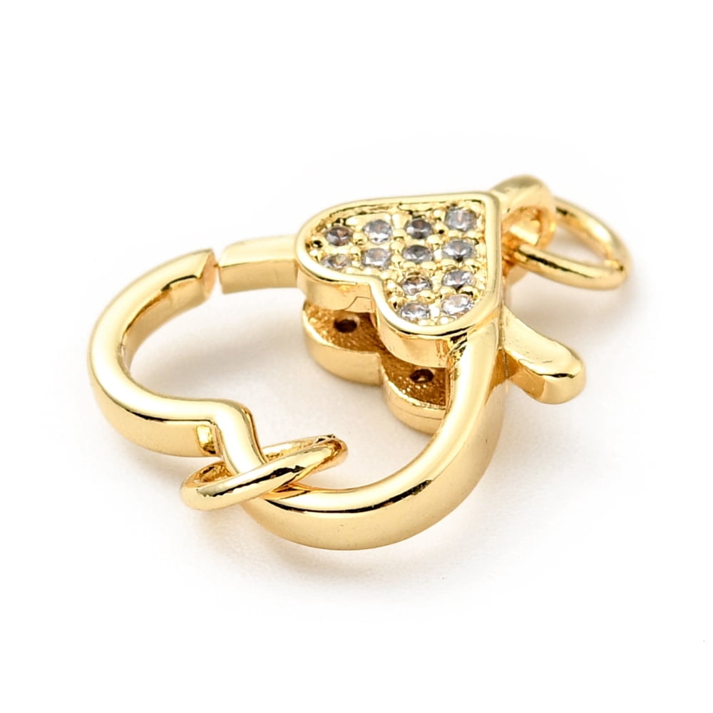 Brass Micro Pave Clear Cubic Zirconia Heart Lobster Claw Clasps with Double Jump Rings Cadmium Free Lead Free Real 18K golden Plated 21mm Hole: 3.5mm