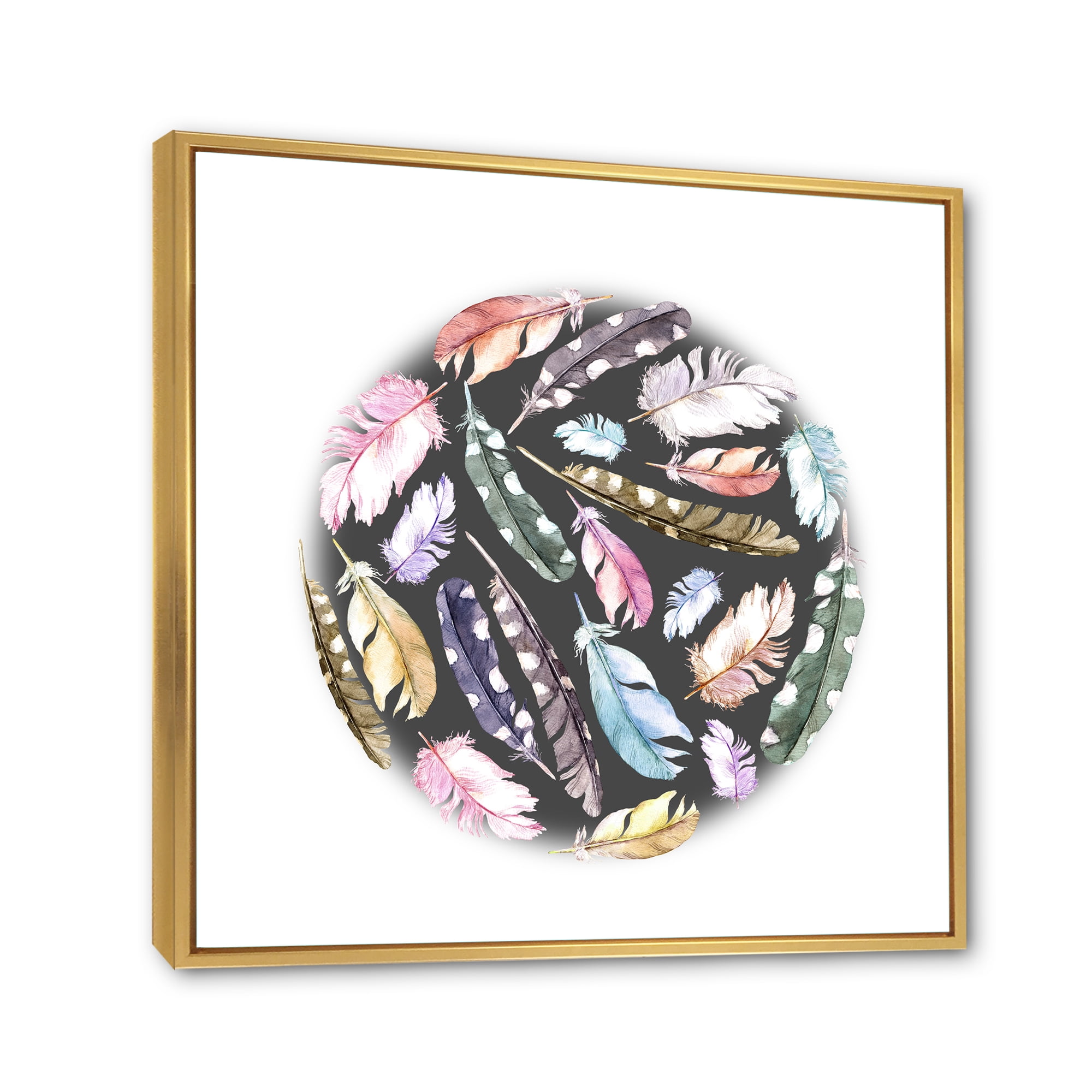 Colorful Boho Feathers In Circle Shape 16 in x 16 in Framed Painting Canvas Art Print, by Designart