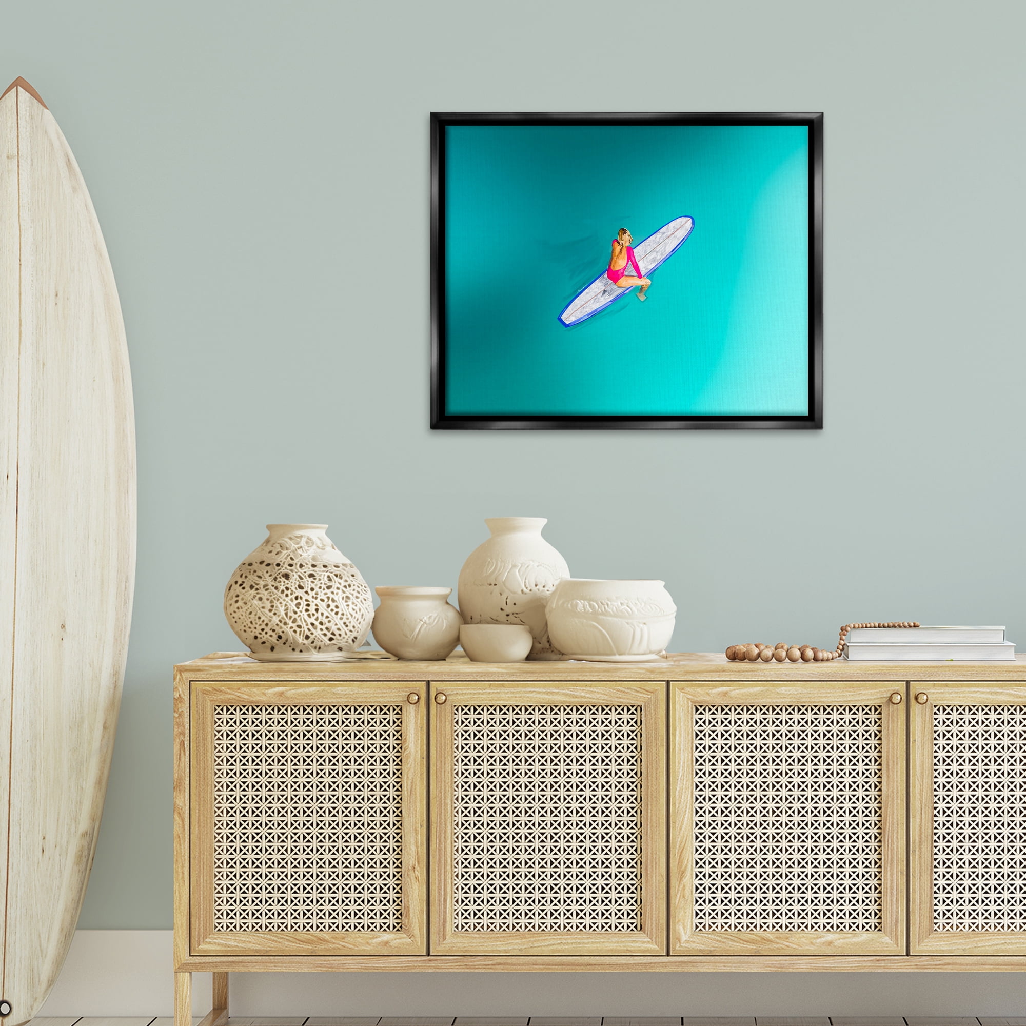 Stupell Industries Sitting on Peaceful Surfboard Nautical & Beach Painting Black Floater Framed Canvas Art Print Wall Art, 31 x 25