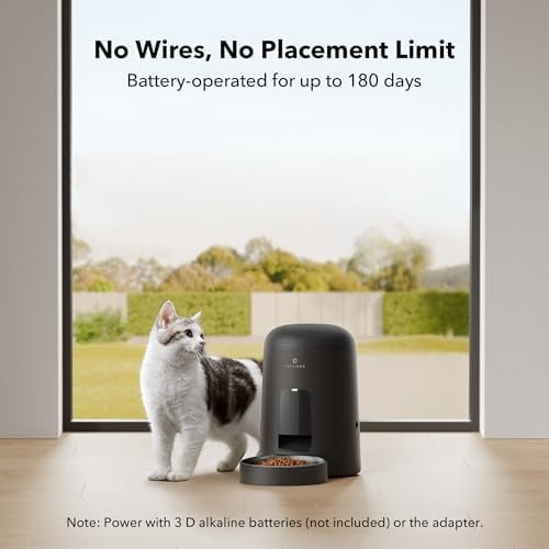Automatic Cat Feeder, Cat Food Dispenser Battery-Operated with 180-Day Battery Life, AIR Timed Pet Feeder for Cats & Dogs, 2L Auto Cats Feeder, Black